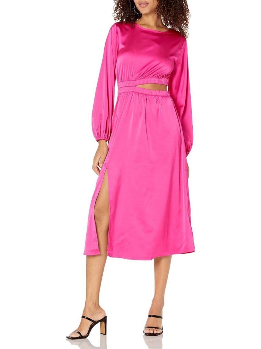 The Drop Jacob Silky Midi Dress Womens Sz Large Hot Pink Long Sleeve Cut Out NEW